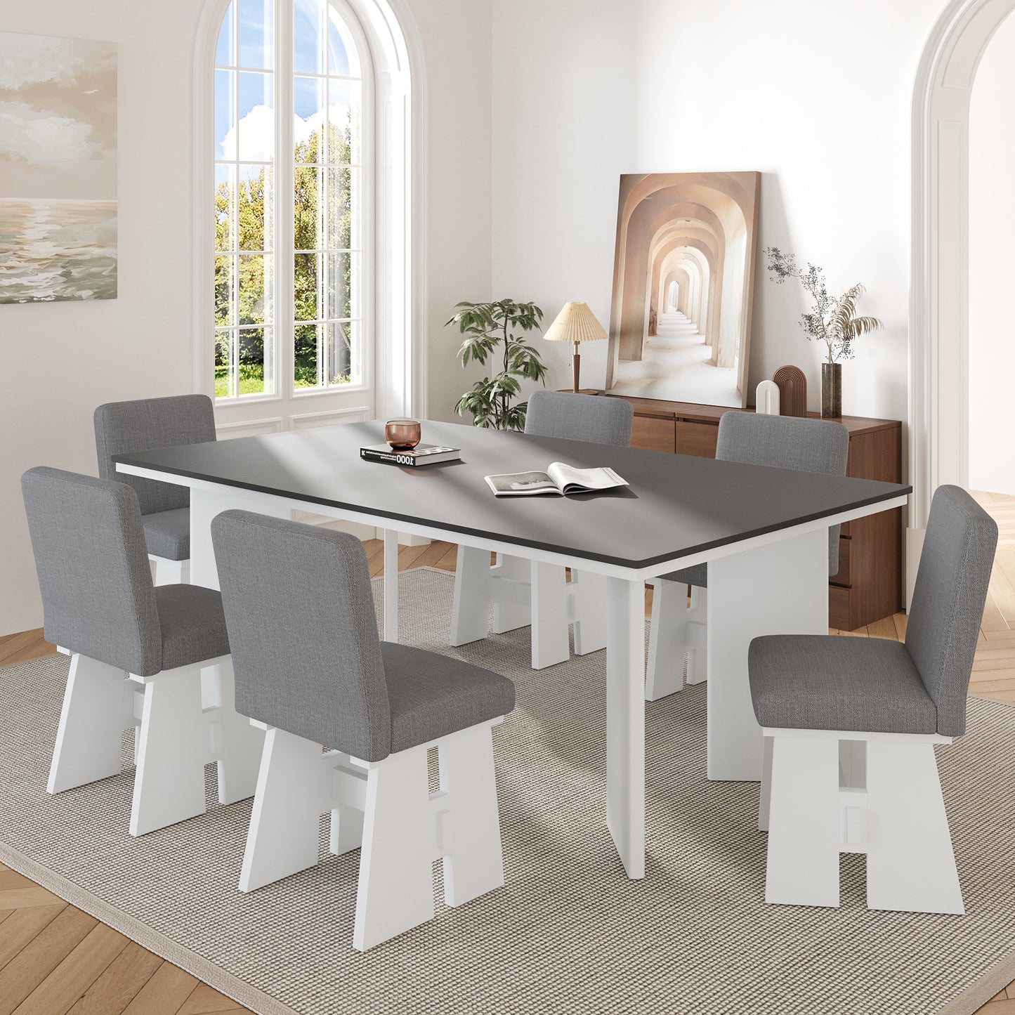 TOPMAX Modern 7-Piece Dining Table Set with 6 Upholstered Dining Chairs, Dark Gray+White