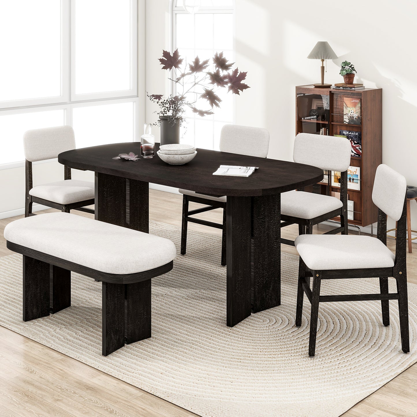 TOPMAX Solid Wood Dining Table Set with Bench - 6-Piece Upholstered Rectangular Dining Room Table Set with Bench, 2-Color Modern Farmhouse Kitchen Furniture for Family Gatherings,Espresso