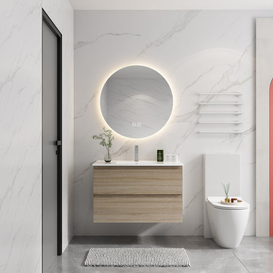 36' Wall-Mounted Bathroom Vanity With Ceramic Sink, 2-Soft Close Drawers, KD-Package