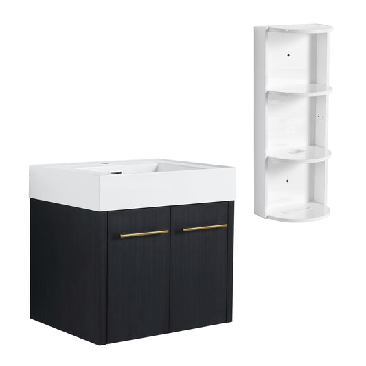 Modern Wall-Mounted Bathroom Vanity with Resin Sink and Storage Rack, Black Chestnut Plywood, 24 Inch