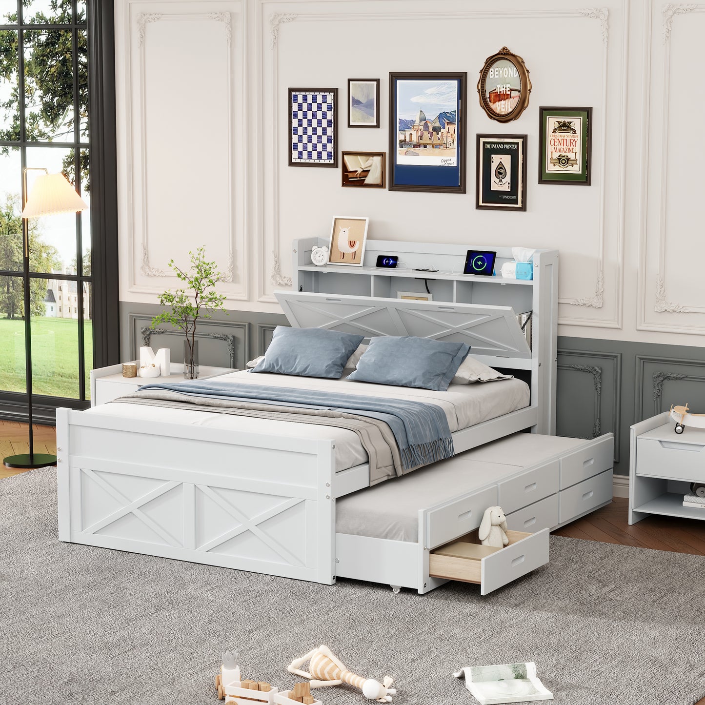 Full Size Wooden Bed with Storage Headboard with Outlets, Extendable Bed with Twin Size Trundle with Three Storage Drawers,White