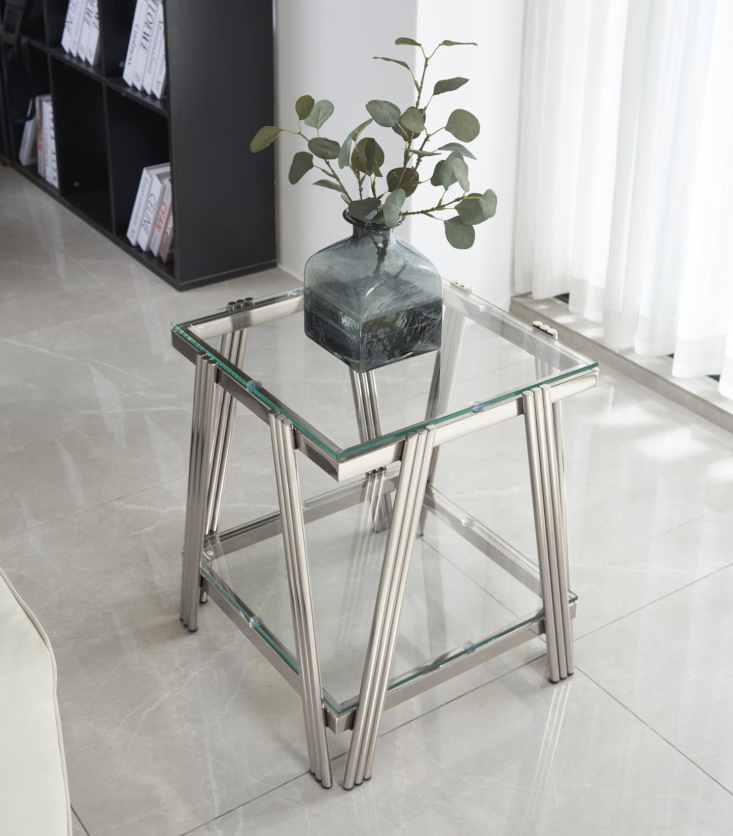 20 Inch Square End Table, Modern Stainless Steel End Table, Double-Layer Clear Tempered Glass Coffee Table, Side Table with Storage, for Living Room Home Office, Silver