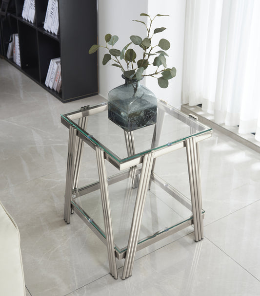 20 Inch Square End Table, Modern Stainless Steel End Table, Double-Layer Clear Tempered Glass Coffee Table, Side Table with Storage, for Living Room Home Office, Silver