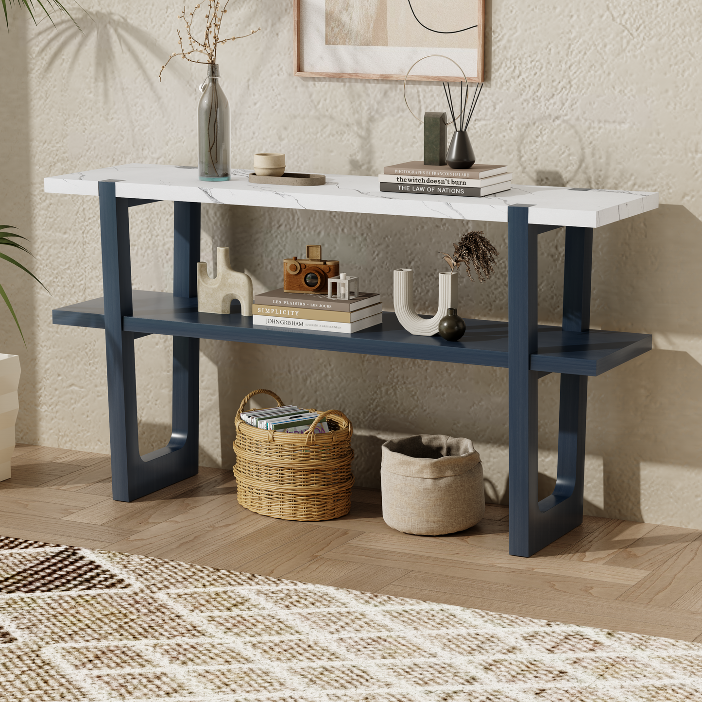 TREXM Narrow Console Table with Marble-Effect Top, Retro Entryway Table with Open Shelf, Sofa Table for Entryway, Hallway and Living Room (Navy)