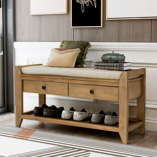 TREXM Shoe Rack with Cushioned Seat and Drawers, Multipurpose Entryway Storage Bench, Old Pine, Pine Wood, 39 x 14 inches