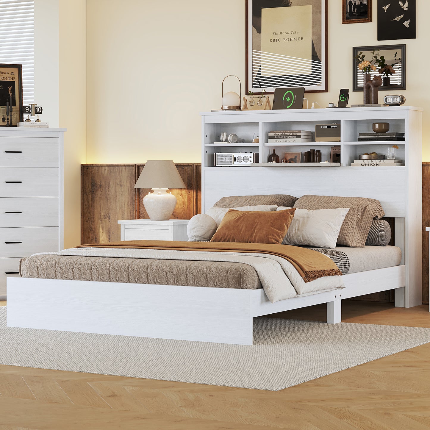 Queen Size Vintage Platform Bed,With Storage Headboard and Charging Station, White