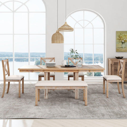 TOPMAX Farmhouse 82inch 6-Piece Extendable Dining Table with Footrest, 4 Upholstered Dining Chairs and Dining Bench, Two 11'Removable Leaf, Natural+Beige Cushion