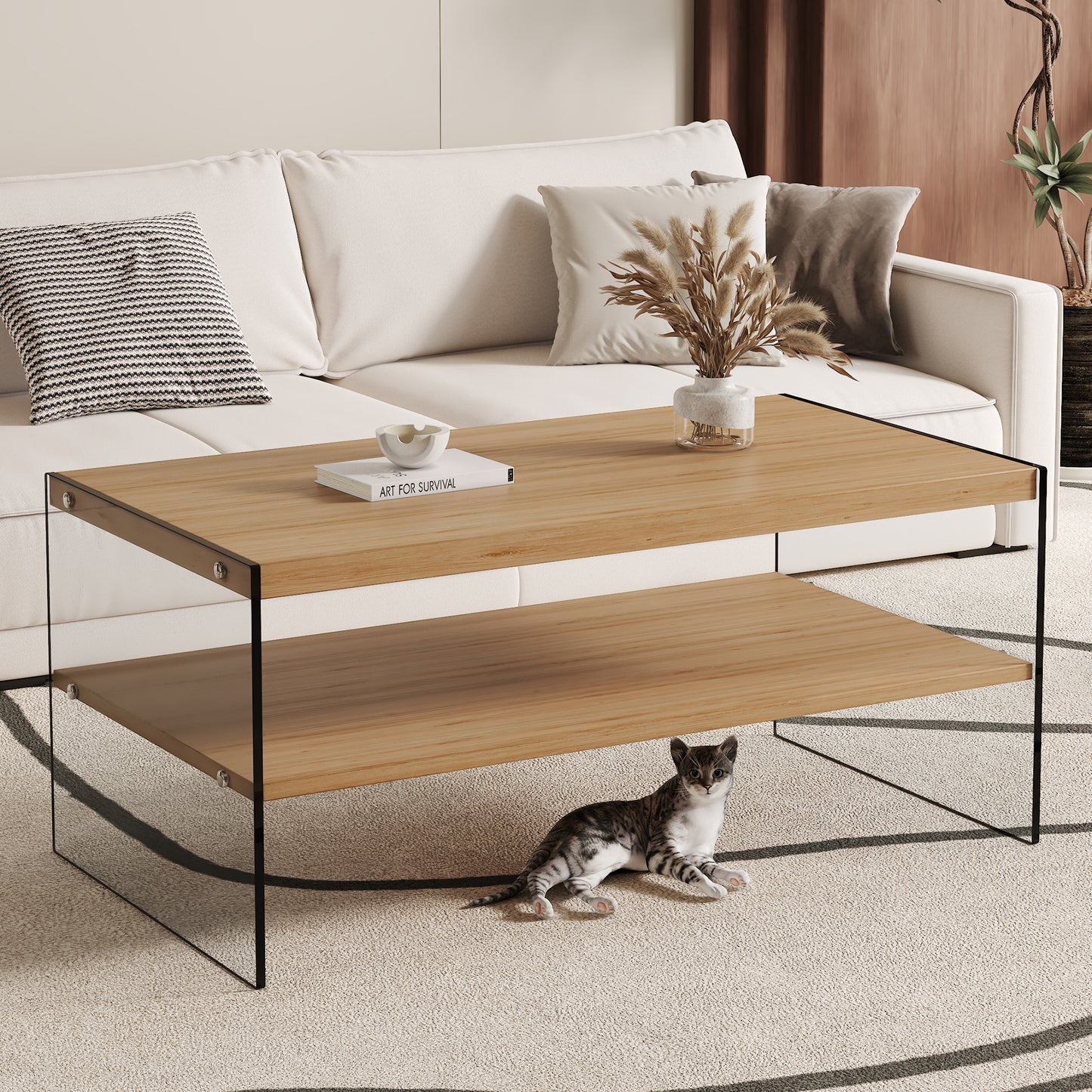 Double layered rectangular coffee table.The board is made of MDF with wooden stickers, with transparent tempered glass on both side.Suitable for various occasions such as living rooms and bedrooms.