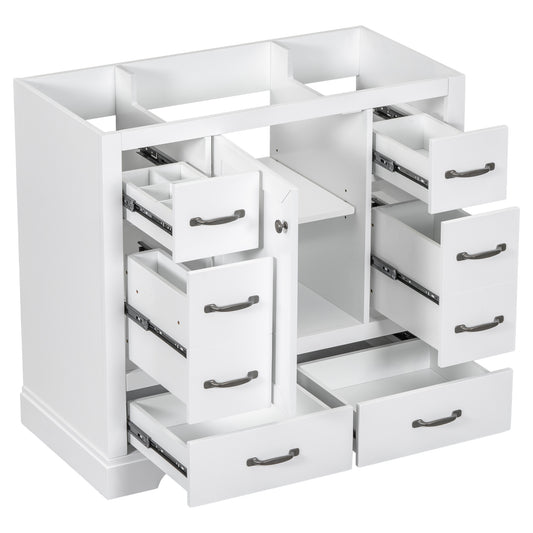 36' Bathroom Vanity without Sink, Cabinet Base Only, Six Drawers, Multi-Functional Drawer Divider, Adjustable Shelf, White