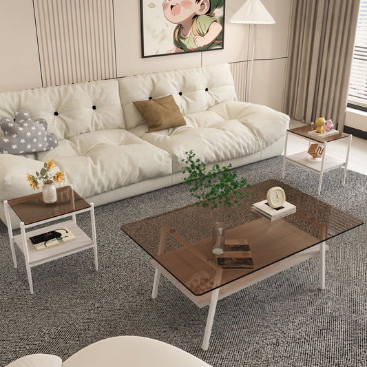 Coffee Table and End tables Set of 3, Tempered Glass Table with MDF layer, Modern Tables for Living Room , Brown Glass