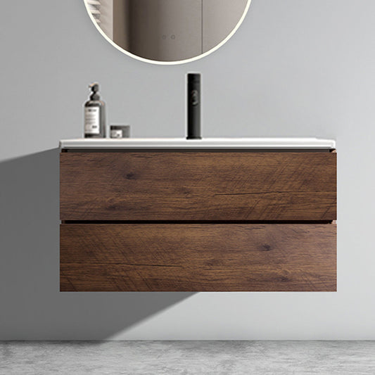 Wall Mount 36' Walnut Bathroom Vanity with Ceramic Sink with Single hole, Large Storage Floating Bathroom Vanity for Modern Bathroom, One-Piece Sink Basin without Drain, Pre-assembled