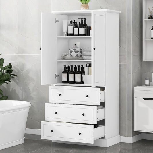 Freestanding Bathroom Storage Cabinet with Doors & 3 Large Drawers, Adjustable Shelves, Tall Linen Tower for Towels & Toiletries, Modern White Organizer for Bathroom, or Laundry Room