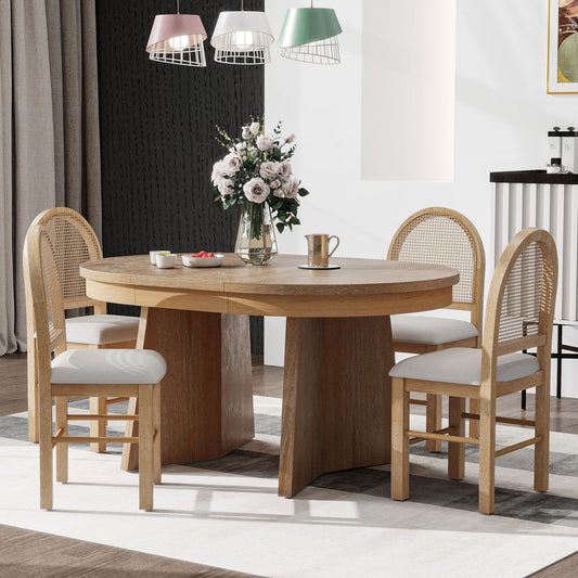 TREXM 5-Piece Round Dining Table Set for 4, Retro Extendable dining table set with 4 Upholstered Chairs, Kitchen Table and Chairs Set for Dining Room and Kitchen (Natural Wood Wash)
