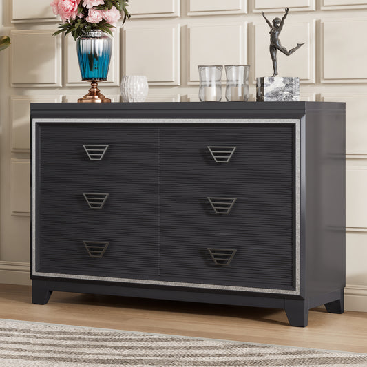 Elegant Dresser with Metal Handle and Sparkling Shiny Decoration, Storage Cabinet with 6 Drawers for Bedroom, Living Room, Black