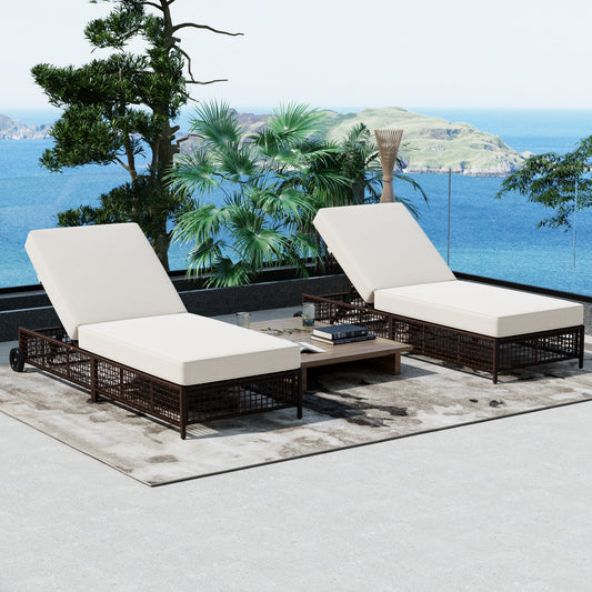 TREXM Outdoor Lounge Chair Set of 2, Patio Chaise Lounge with 5-Position Backrest, Rattan Outdoor Lounge Chair with Cushion and Wheels for Poolside, Backyard, Garden (Brown+Beige)