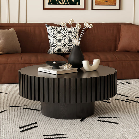 Round Coffee Table Handcrafted Relief Sturdy Pedestal Wooden Olive-Shaped Tea Table for Living Room