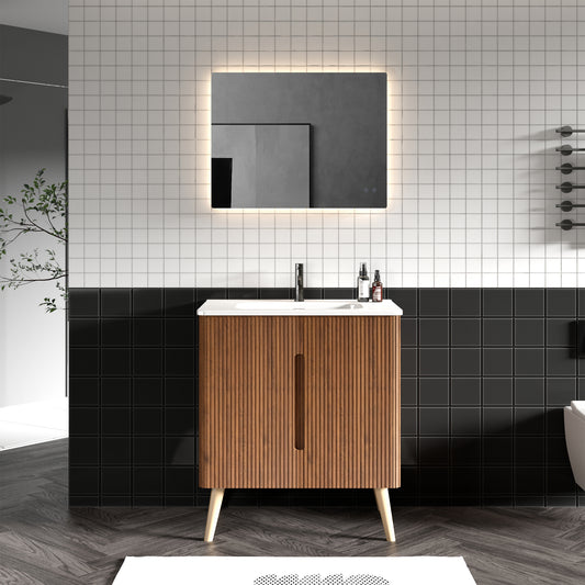 U094-Etna30F-305 Etna 30' Striped Walnut Bathroom Vanity with Sink, Freestanding & Wall Mounted Bathroom Cabinet Options for Modern Bathrooms, KD