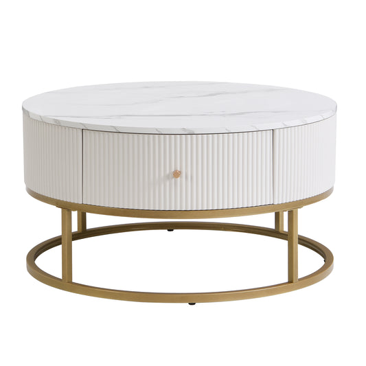 Modern Round Coffee Table with Drawers, Faux Marble, Metal Frame, 31.5 Inch, Off-White