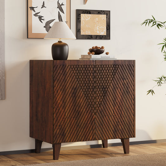 TREXM Wood Accent Cabinet with Storage, Rustic Mango Wood Storage Cabinet with Fluted Design and Adjustable Shelf for Dining Room, Kitchen, and Living Room (Honey)