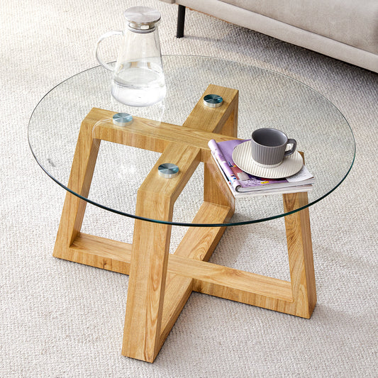 Modern practical circular coffee tables. Made of transparent tempered glass tabletop and wood colored MDF material. Suitable for living rooms and bedrooms.31.5'*31.5'*17.7'.W1151P146796