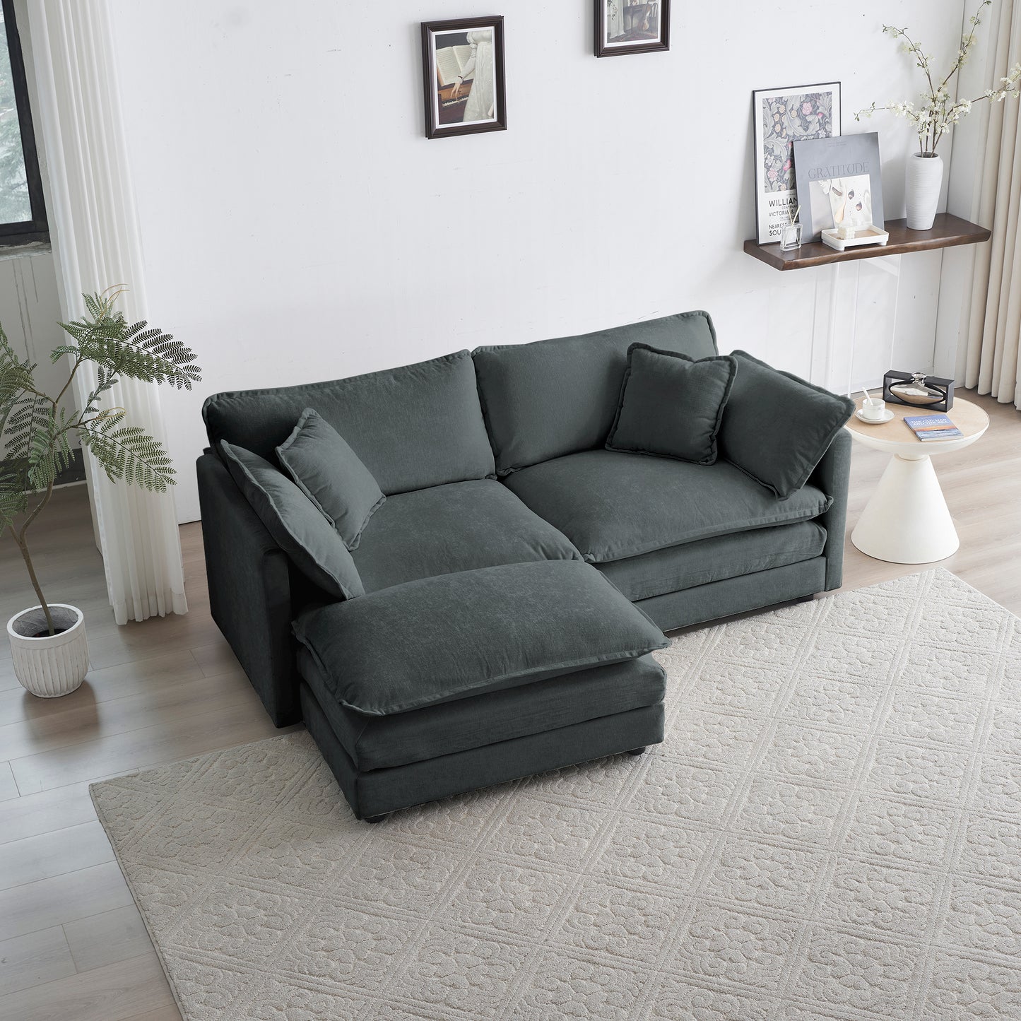 Chenille Two-Seater Sofa with 1 Footrest, 2 Seater L-Shaped Sectional with Ottoman,Loveseat with Ottoman for Small Living Space, Gray Chenille