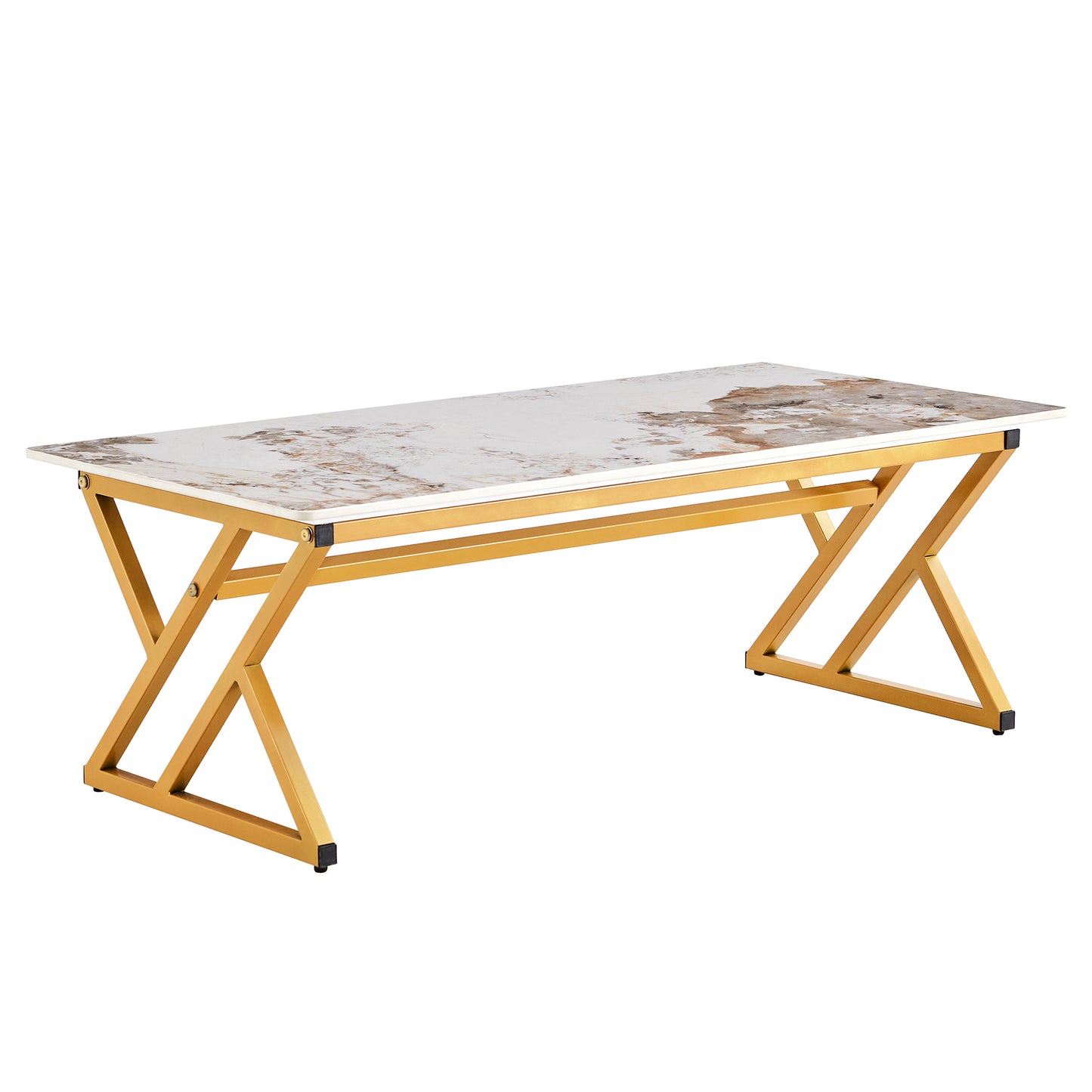 A coffee table is made of rock slab material, with a natural and smooth marble pattern on the surface, which complements the modern design of the golden metal legs and adds a touch of fashion.