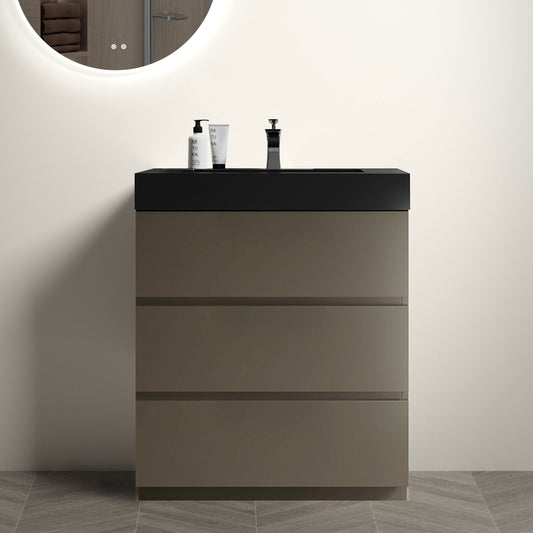 Alice 30' Gray Bathroom Vanity with Sink, Large Storage Freestanding Bathroom Vanity for Modern Bathroom, One-Piece Black Sink Basin without Drain and Faucet, Pre-assembled