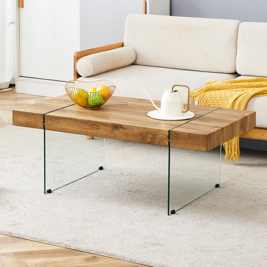 43.3'x23.6' Wood texture sticker MDF Coffee Table with Tempered glass legs.Suitable for Living Room.It can be used not only as a coffee table but also as a side table or display stand.W1151P209568