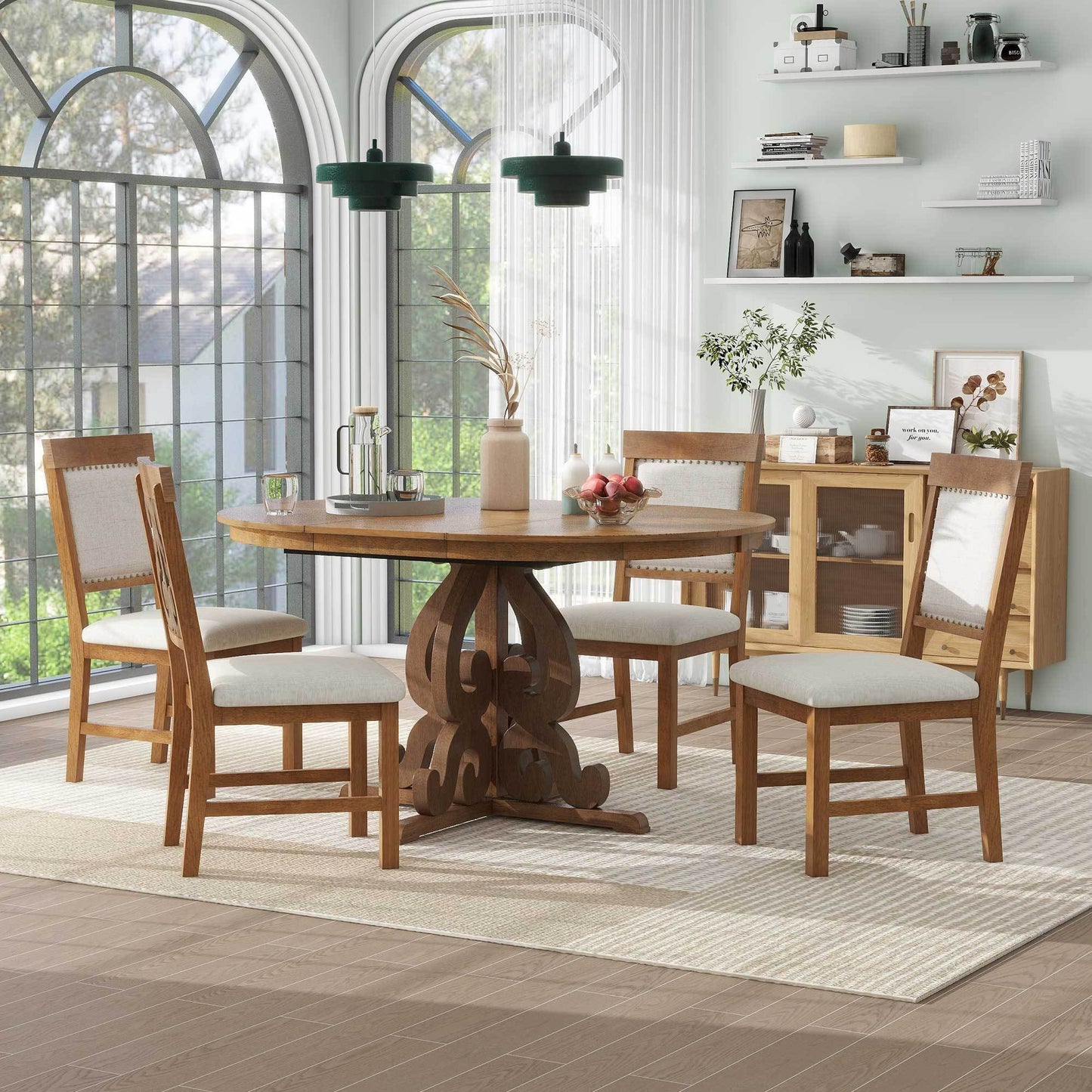 TREXM 5-Piece Retro Functional Dining Set, 1 Extendable Table with a 16-inch Leaf and 4 Upholstered Chairs for Dining Room and Kitchen (Walnut)