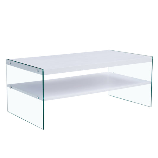 Modern Double Rectangular Coffee Table with Storage Function, White MDF and Transparent Tempered Glass