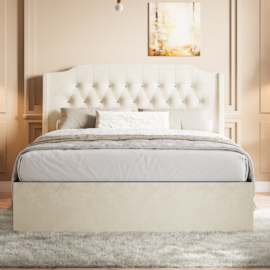 Queen Size Tufted Upholstered Bed Frame with Crystal Button Accents, Bed Frame with Wingback Headboard and Under-Bed Storage Space, No Box Spring Needed,Beige