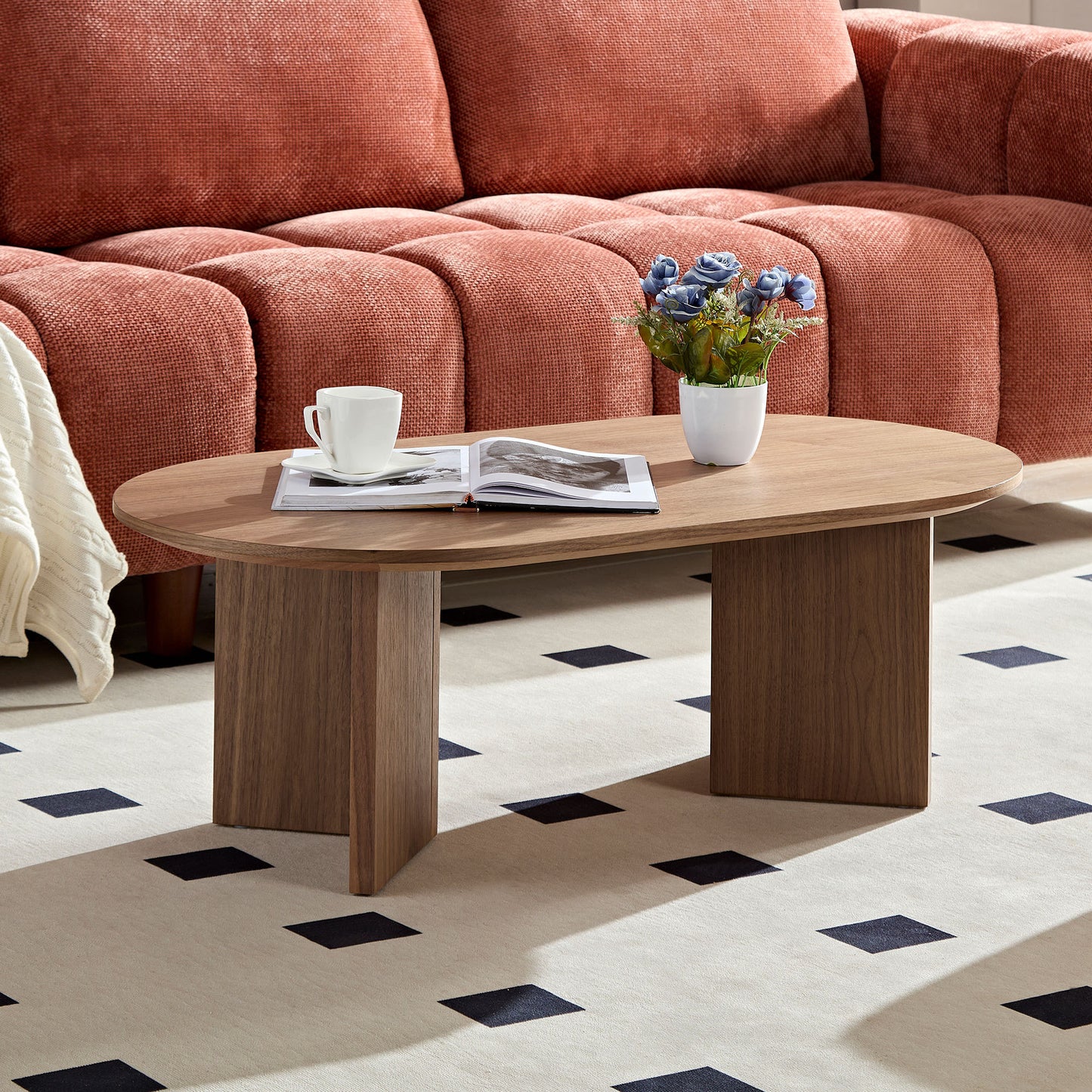 Length 39.37 Inch Modern Coffee Table,MDF Oval Coffee Table for Living Room,Small Coffee Table with Sturdy Pedestal for Apartment,Bedroom,Walnut