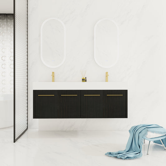 60 Inch Wall-Mounted Bathroom Vanity with Sink, Thick Edged Double Resin Sink, KD-Package