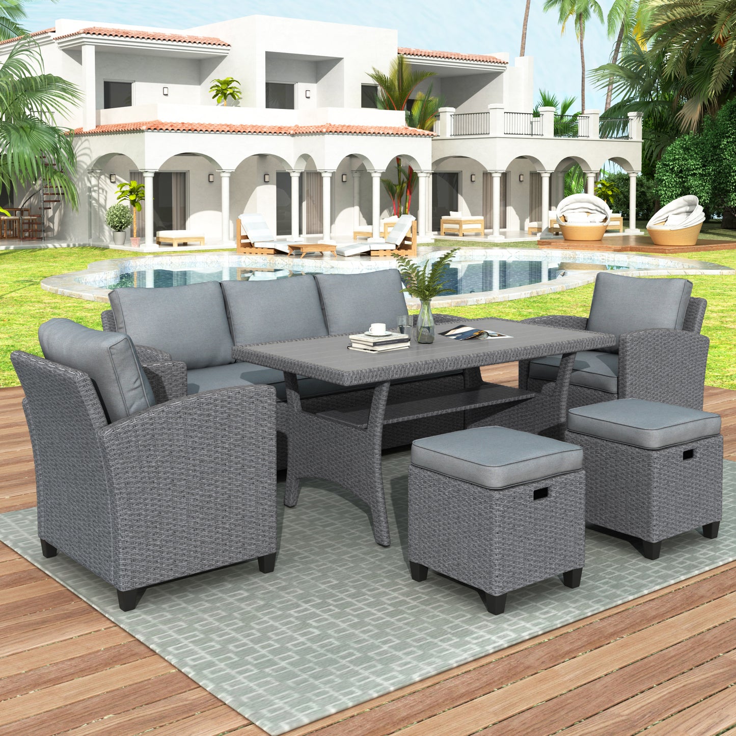 TOPMAX 6-Piece Outdoor Rattan Wicker Set Patio Garden Backyard Sofa, Chair, Stools and Table, Gray