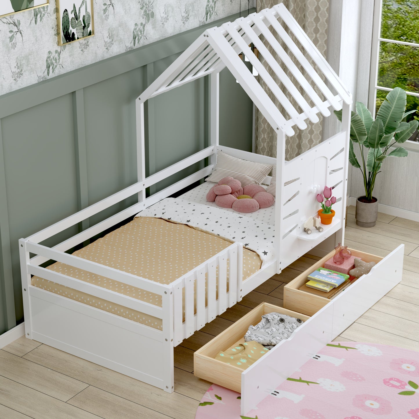 Twin Bed Frames for Kids,Twin Size House Bed With 2 Storage Drawers and Guardrails, Playhouse Bed With Roof and Window, Wooden Bed for Girls & Boys, No Box Spring Needed, White