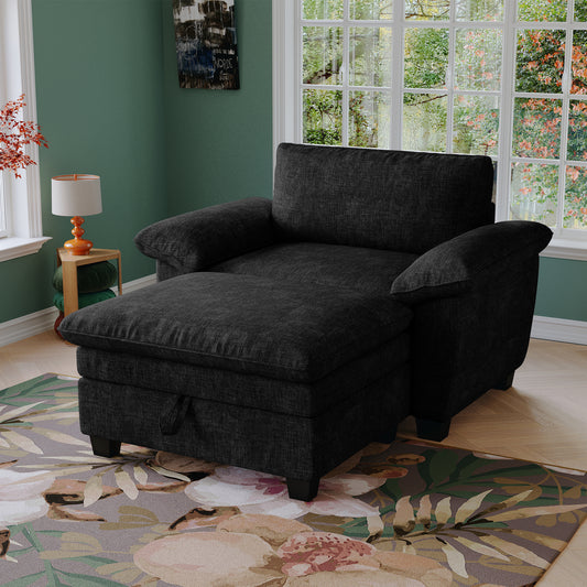 51' Oversize Chaise Lounge Chair with Ottoman and Storage  Upholstered Soft Chenille Black