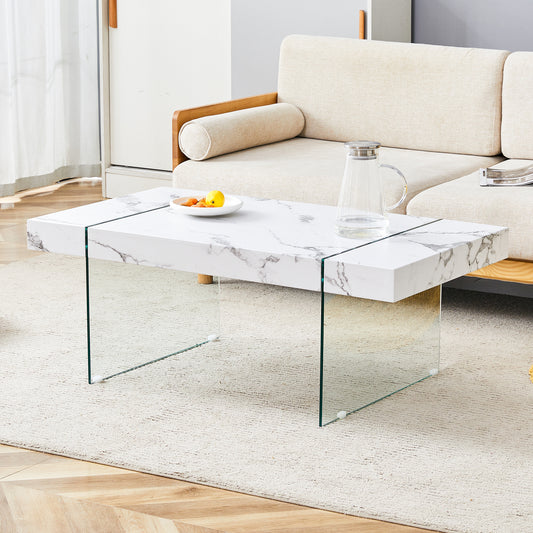 43.3'x23.6' White Marble-Patterned MDF Coffee Table with Tempered glass legs.Suitable for Living Room.It can be used not only as a coffee table but also as a side table or display stand.W1151P209565