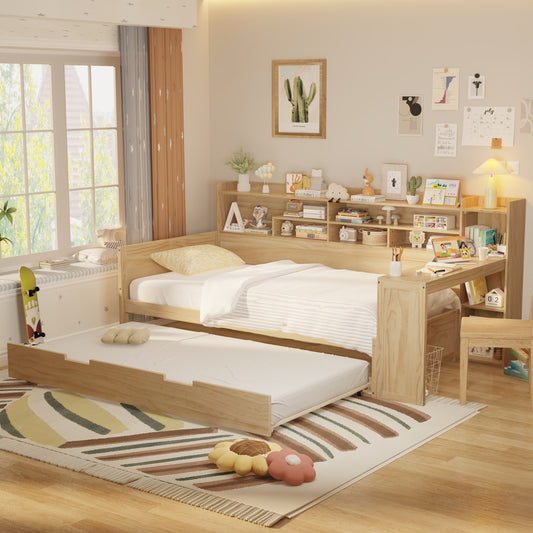 Wooden Twin Size Daybed with Storage Shelves, Multi-functional Bed with Twin Size Trundle Bed and  Study Desk, Natural