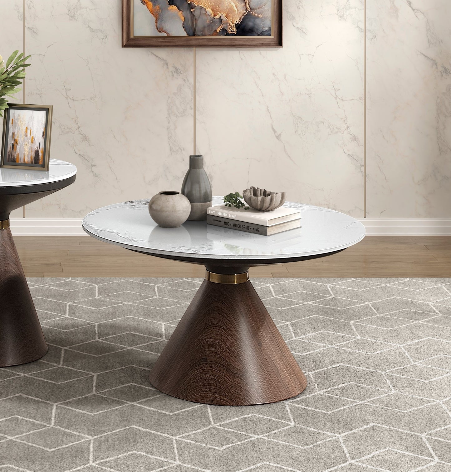 Luxury Living Room Furniture 1pc Cocktail Table White Sintered Stone Top Decorative Oak Finish Wood with Gold-Tone Metal Band