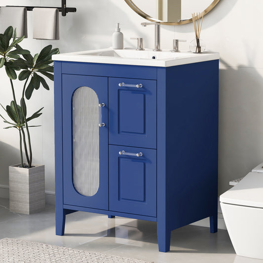 24' Bathroom Vanity with Sink, Bathroom Vanity Cabinet with Two Drawers and Door, Adjustable Shelf, Solid Wood and MDF, Blue