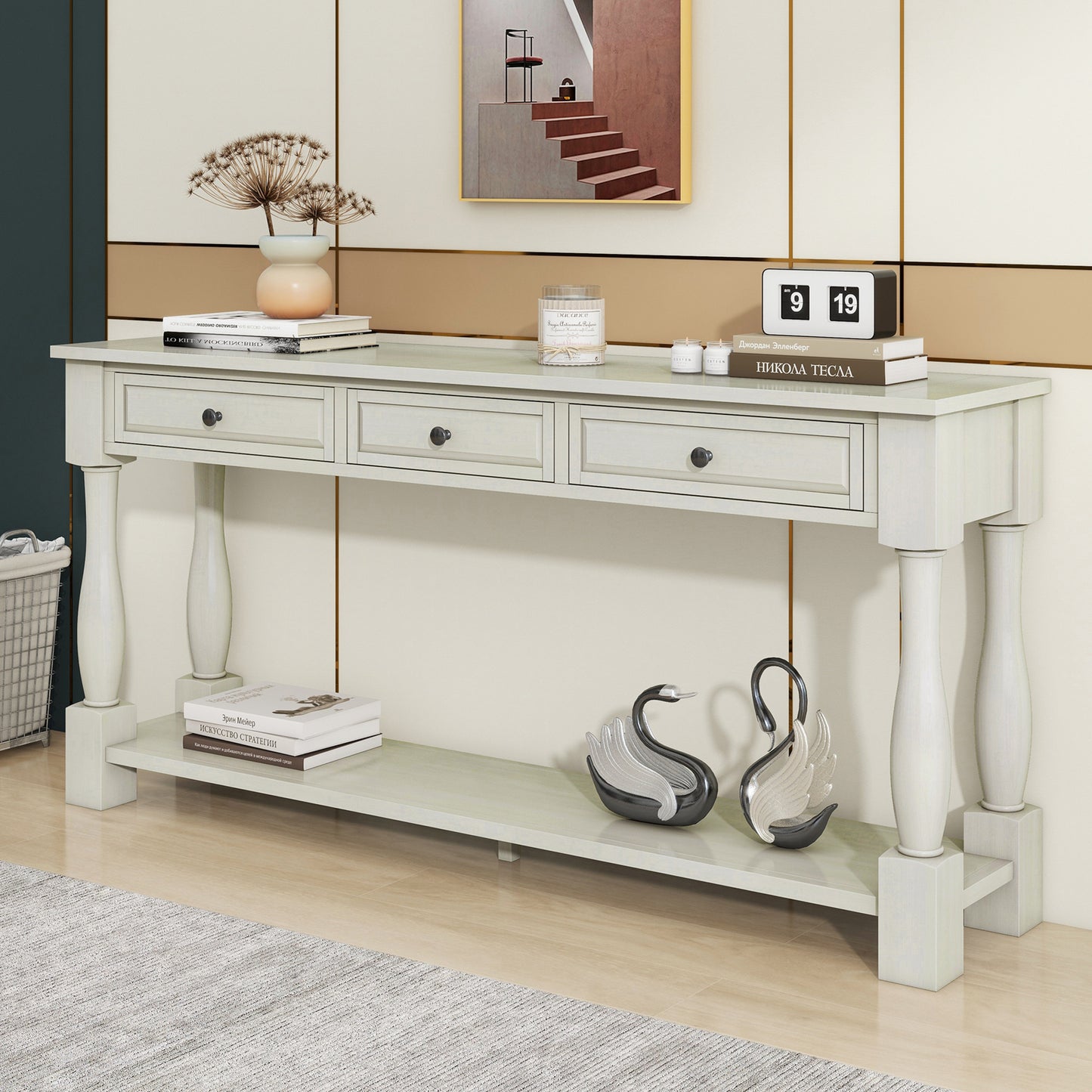 TREXM Console Table 63' Long Console Table with Drawers and Shelf for Entryway, Hallway, Living Room (Antique White, OLD SKU: WF193795AAK)